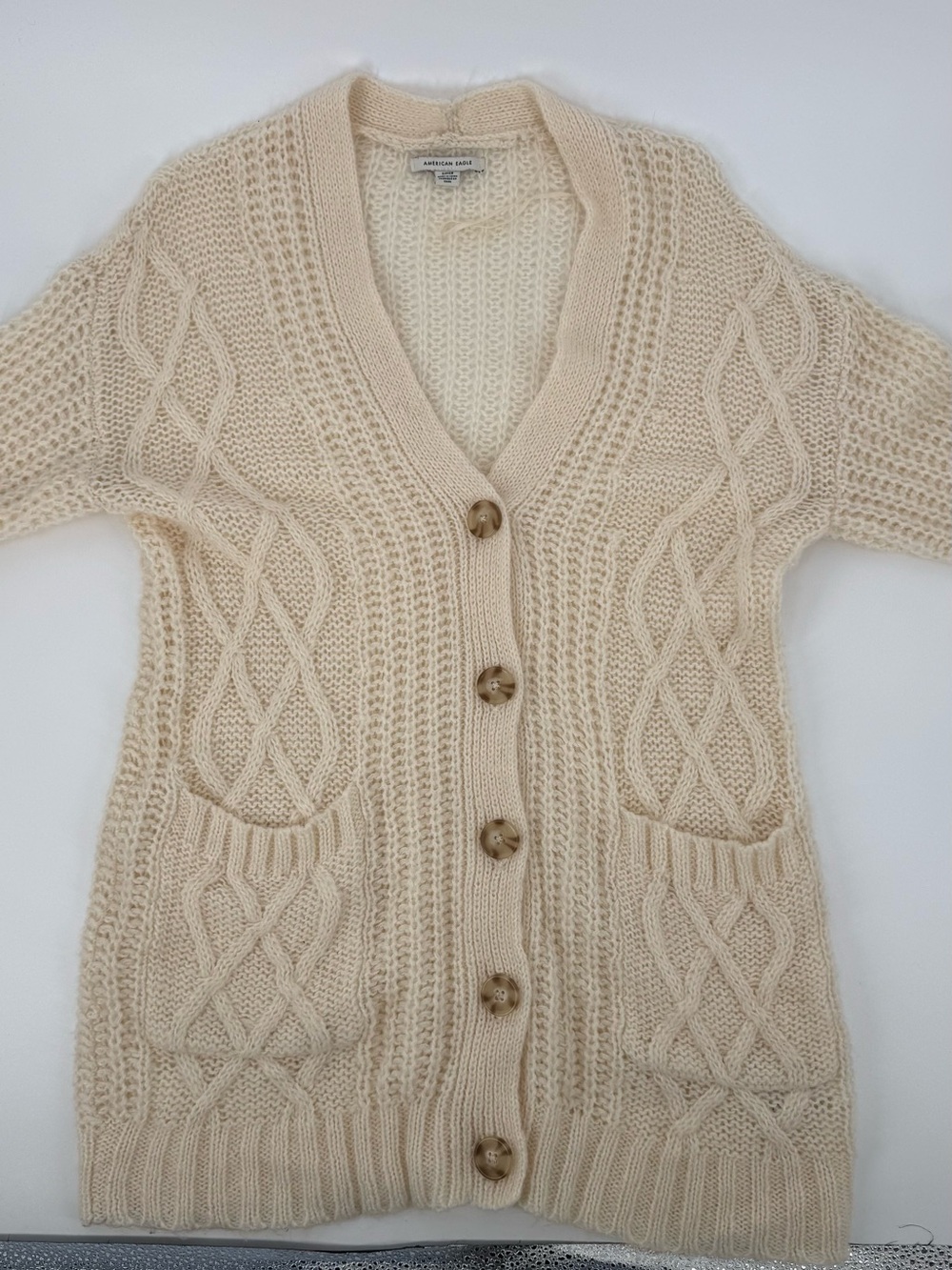 American Eagle Womens Cream Cable Knit Cardigan Sweater Diamond Pattern Small
